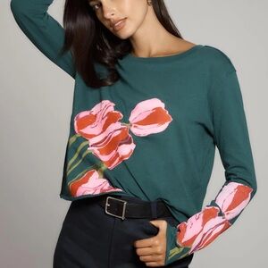 Maeve Teal Long Sleeve CaitlynTop with Pink Floral Design